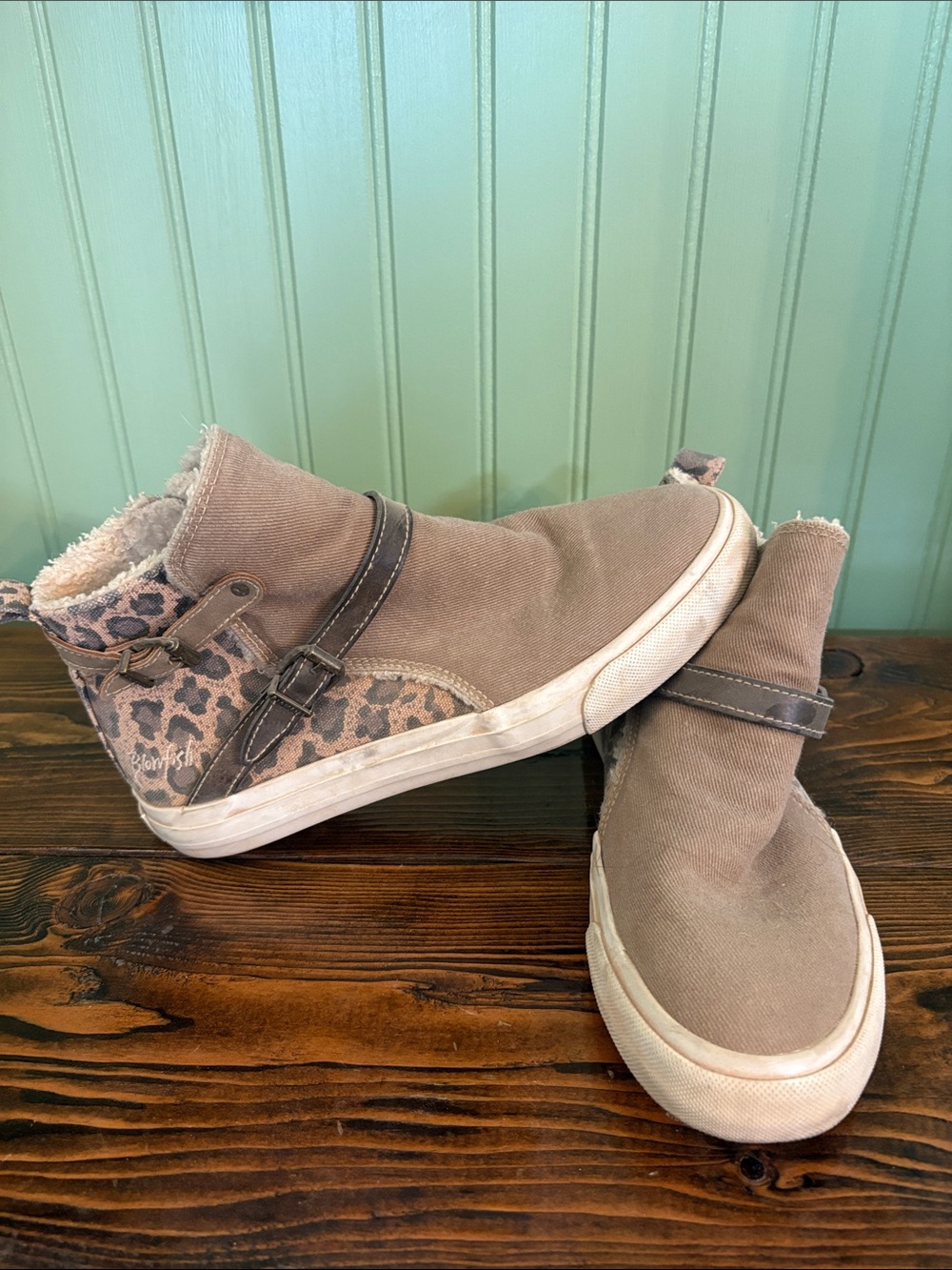 Blowfish Taupe Canvas High-Top Sneakers with Leopard Accent